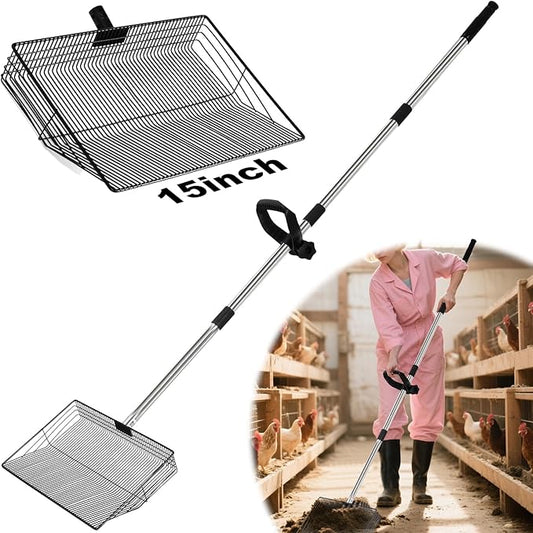15inch Large Chicken Coop Scooper,Telescoping Chicken Manure Scraper With 38 to 64" Stainless Steel Handle, Adjustable Chicken Shovel For Poultry Rake,Chicken Coop Rake, Chicken Poop Scooper For Sand