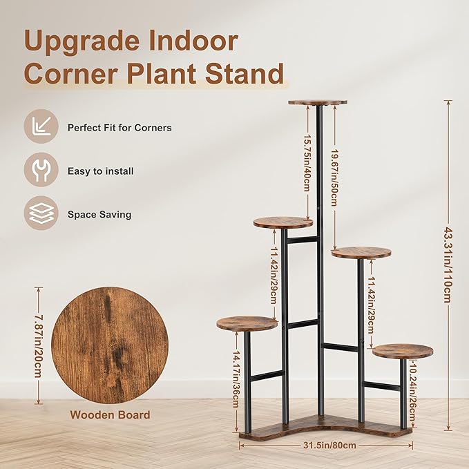 Corner Plant Stand Indoor, 6 Tier Corner Plant Shelf Flower Stand for Multiple Plants, Plant Shelves Organizer Rack for Living Room, Balcony, Patio, Garden (Round)