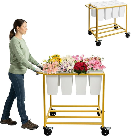 Flower Cart with 8 Buckets,Flower Cart Display Stand with Wheels,Bloom Bar,Flowers Stand for Wedding ,Party and Home Decor,Gold