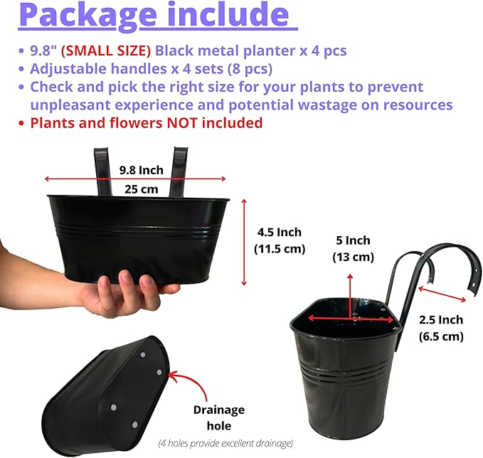 LaLaGreen Outdoor Rail Planter for Balcony (4 Pack, 9.8 Inch) Small and Cute Black Metal Iron Fence Hanging Flower Pots Deck Railings Buckets Boho Style Window Box Plant Holder Hooks Porch Decor