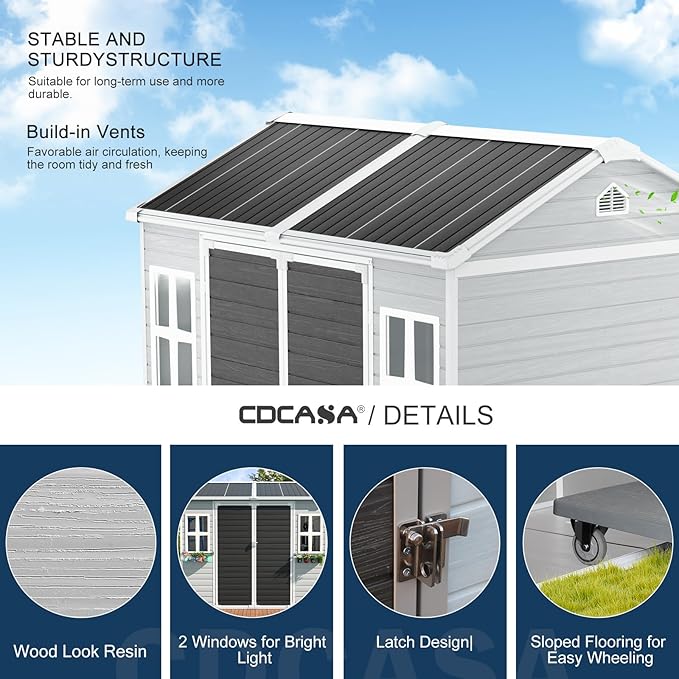 CDCASA 8x6 FT Resin Storage Shed, Waterproof Large Outdoor Sheds with Floor Included & Lockable Door, 2 Windows,Outside Plastic Tool Shed for Backyard, Patio, Poolside