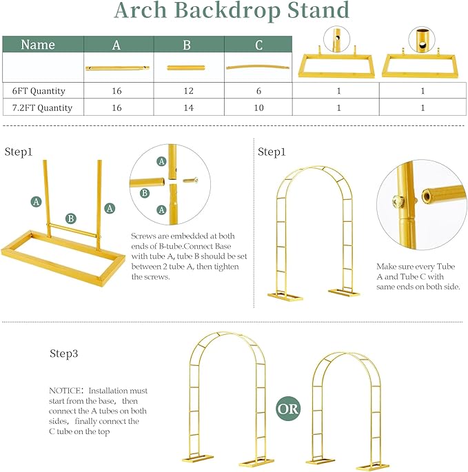 Arch Backdrop Stand 7.2FT, 6FT Set of 2, Metal Pergola Arbor Garden Arch Trellis for Climbing Plants Outdoor for Various Climbing Plant,Gold Balloon Arch kit Stand for Party Decoration