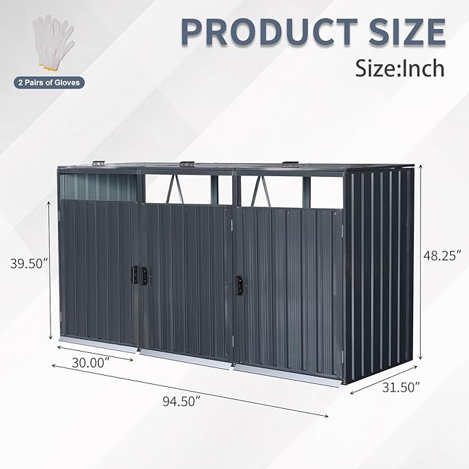 Garbage Bin Storage Shed for 3 Trash Cans Outdoor Metal Enclosure Charcoal Galvanized Steel Garbage Can Holder Concealer Hide Utility Bin Shelter Garden Yard Lawn
