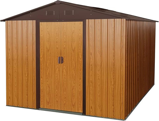 10 x 8 FT Outdoor Storage Shed, Metal Garden Shed with Floor Frame, Large Tool Shed Outdoor Storage with Lockable Sliding Doors & Air Vents, Storage House Waterproof for Backyard, Lawn, Coffee