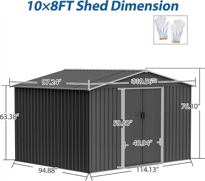 10X8 FT Outdoor Storage Shed W/Lockable Sliding Doors,Metal Shed W/Sloped Roof & Air Vents,All Weather Garden Tool House for Backyard Patio Lawn,Gray