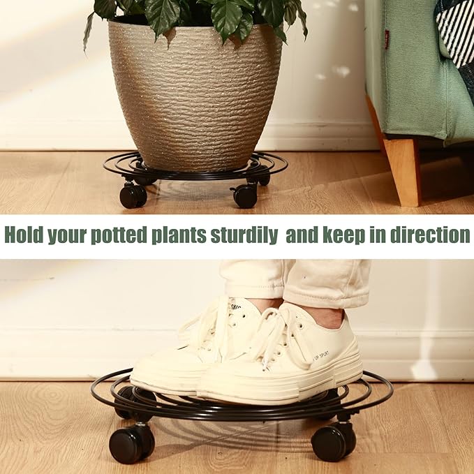 6 Packs 12 Inches Large Metal Plant Caddy with Wheels Rolling Plant Stands Heavy-duty Wrought Iron Plant Roller Base Pot Movers Plant Saucer on Wheels Indoor Outdoor Plant Dolly with Casters Planter Tray Coaster