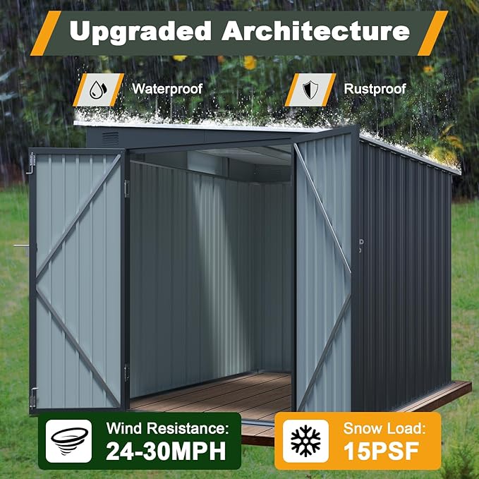 6x8 FT Lean to Shed with Lockable Double Doors, Metal Outdoor Storage Shed with Free PC Light Board for Tools, Outside Storage Shed Waterproof for Backyard, Patio, Garden