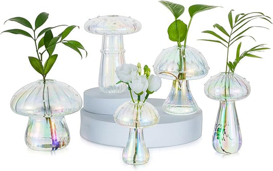 Glasseam Mushroom Propagation Stations for Plants: Iridescent Propagation Vase of 5 Glass Hydroponic Jars for Home Room Window Table - Unique Mushroom Decor Gifts for Plant Lovers