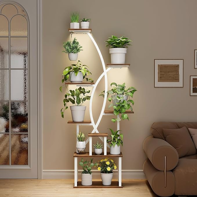 Plant Stand Indoor,8-Tier 65 inch Tall Plant Shelf for Indoor Plants with Grow Light, Plant Shelf with Adjustable Brightness & Timer,Modern Metal Plant Display Rack for Living Room/Patio(white)