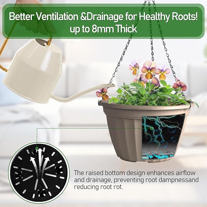 FGstyle Hanging Planters 9.8 Inch, 4 Pcs Self Watering Pots for Indoor Plants,Plastic Hanging Basket with Soil Elevator and 20" Chain for Home Garden Porch Balcony Patio Decor(Beige)