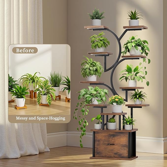 Plant Stand Indoor with Grow Lights - 11 Tiered Plant Shelf with Drawer, 65" Corner Plant Stands for Indoor Plants, Plant Stand for Multiple Plant, Flower Display Rack for Home, Living Room, Patio