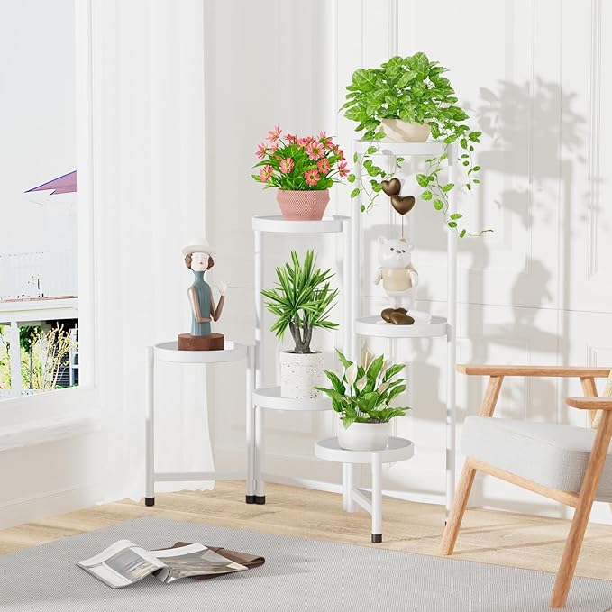 iDavosic.ly Plant Stand Indoor Outdoor, 6 Tier Corner Metal Flower Display Holder Shelf, Easy Assembly Folding Tall Orchid Rack for Patio Balcony Porch Garden Living Room House, White