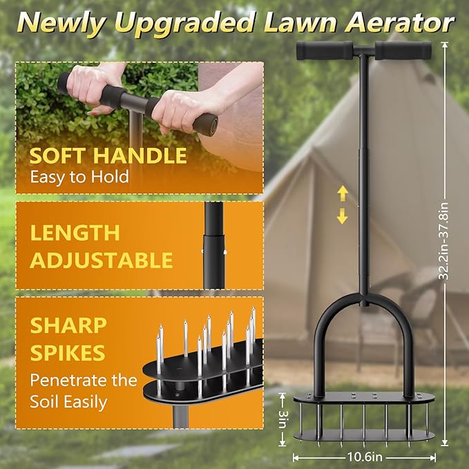 seasky Lawn Aerator Spike Metal Manual Dethatching Lawn Aerator Tool with 15 Iron Spikes Spring-Loaded Design Grass Aerator Tools for Yard, Patio, Garden Tool (15 Nails)