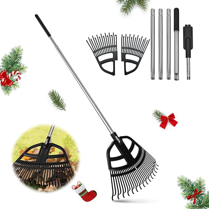 Adjustable Leaf Rake 30-65 Inch – 30 Tines Garden Rakes with Non-Slip Handle&Quick-Detach Head Lightweight Yard Rake for Wet Leaves, Pine Needles, Gravel