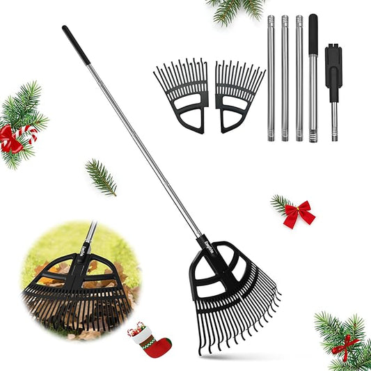 Adjustable Leaf Rake 30-65 Inch – 30 Tines Garden Rakes with Non-Slip Handle&Quick-Detach Head Lightweight Yard Rake for Wet Leaves, Pine Needles, Gravel
