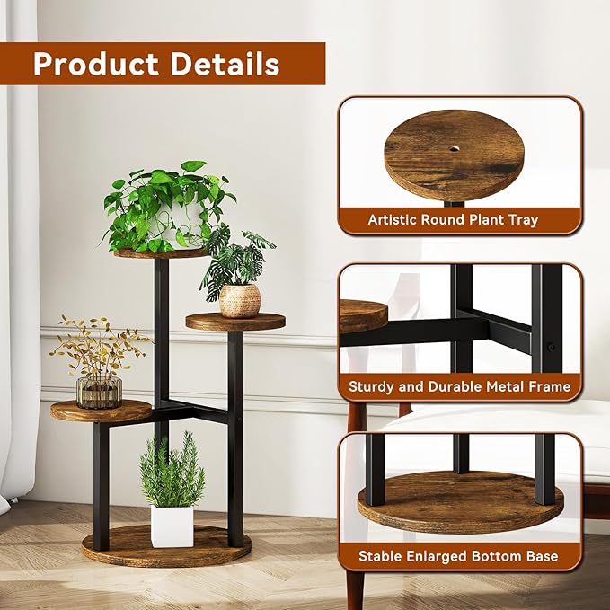 IBUYKE 4 Tier Plant Stand Indoor, Metal Wood Plant Shelf for Multiple Plants, Small Tiered Corner Flower Pot Stand for Living Room Patio Balcony Garden, Rustic Brown TMJ073H
