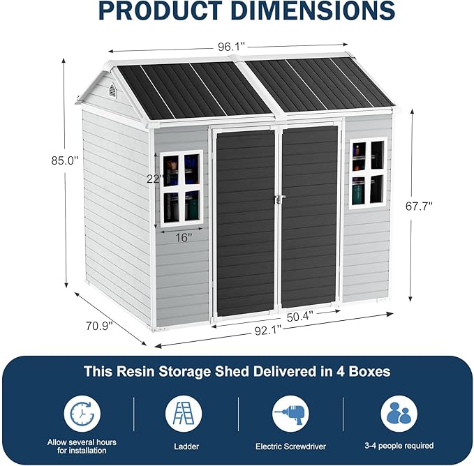 CDCASA 8x6 FT Resin Storage Sheds with Floor Included, Waterproof Large Outdoor Sheds & 2 Windows,Outside Plastic Tool Shed for Backyard Garden Patio Lawn Poolside