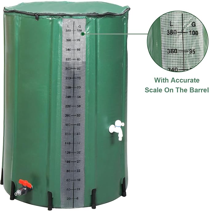 Collapsible Rain Barrel, 100 Gallon Portable Rainwater Collection System, Rain Catcher Barrel with Volume Scale Mark, Two Spigots and Overflow Kit, Rain Water Barrel Collector for Garden, Green