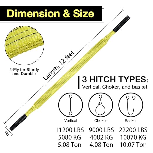 4" x12FT 2-Ply Heavy Duty Lifting Sling Straps 11200 lbs Vertical Lifting Straps with Flat Eyes, Recovery Tree Saver Strap for Winch, Truck, Towing, Hoisting - Off-Road Vehicles, Equipment