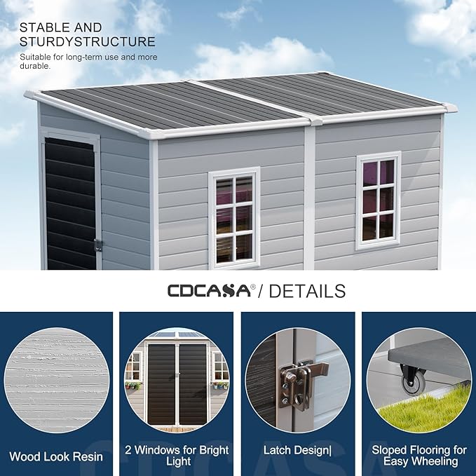 CDCASA 4x8 FT Resin Lean to Shed, Waterproof Outdoor Storage Sheds with Floor Included & Adjustable Openable Windows, Outside Plastic Tool Shed for Backyard Patio Poolside Garden, Gray