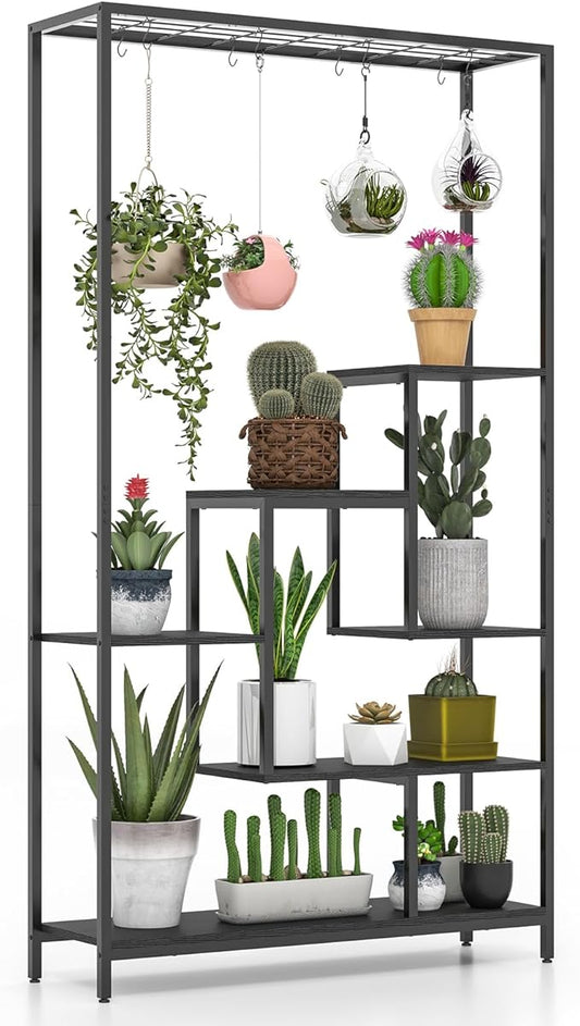 Giantex 71" Tall Plant Stand Indoor, 6-Tier Metal Plant Shelf with 10 Hanging Hooks, Multiple Potted Flower Bonsai Pots Display Rack for Indoor, Balcony, Living Room (Black)
