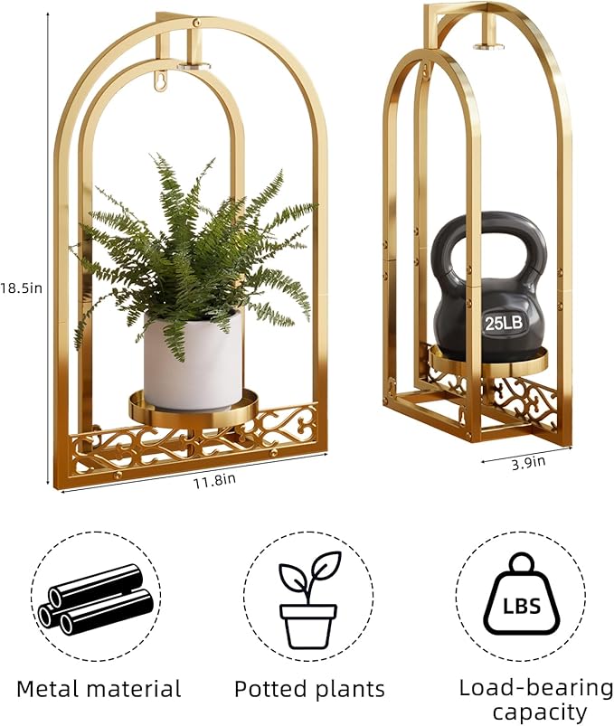 Wall Planter Holder with Light, Metal Arch Frame Hanging Plant Stand with Grow Lights, Modern Black Iron Wall Decor for Indoor Outdoor Living Room, Balcony & Garden 2 Pack Golden