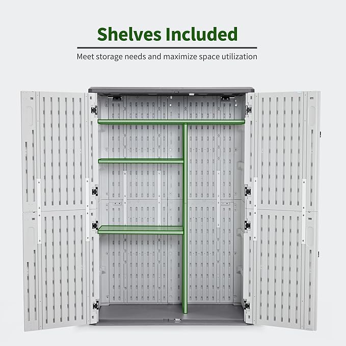Macrout 50 Cu.Ft Plastic Outdoor Storage Cabinet with Shelves, 4.3 x 2.5 ft Waterproof Resin Outdoor Storage Shed with Floor, Lockable Vertical Shed for Garden and Patio