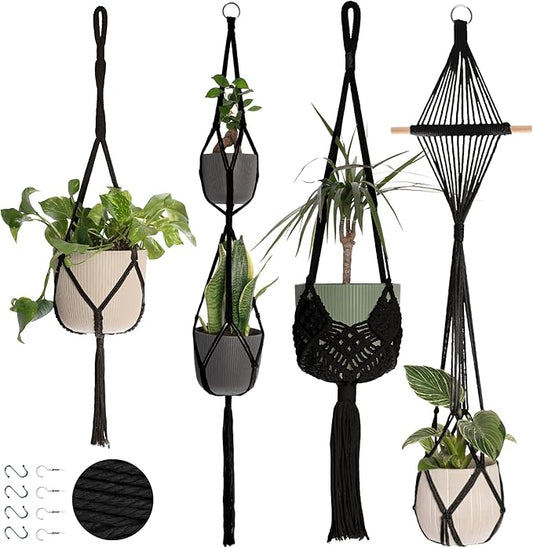 Nook Theory 4-Pack Macrame Plant Hangers with 8 Hooks - Hanging Planters for Indoor Plants, Boho Macrame Hangers Indoor Outdoor, Decorative Plant Hanger Indoor (Black)