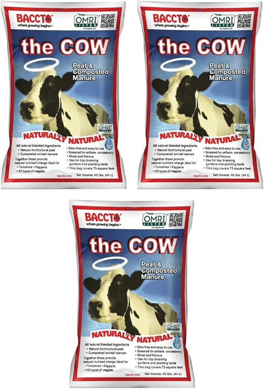 Michigan Peat Baccto 1640 Wholly Cow Horticultural Compost and Manure for Soil Amendment, Lawn Care, & Garden Beds, 40 Quart Bag (3 Pack)