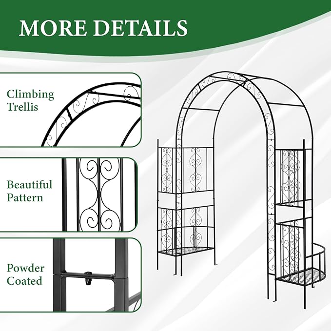 Garden Arbor with Planter Boxes, 7FT Wedding Arches for Ceremony, Metal Garden Arch for Climbing Plants Outdoor, Black Garden Archway for Lawn, Patio and Backyard, Includes Ground Stakes