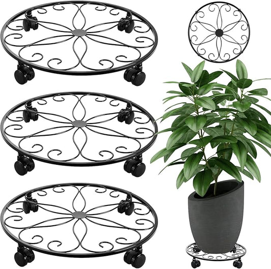 3 Pack Metal Plant Stand with Wheels - 16 Inch Large Plant Caddy, Heavy Duty Wrought Iron Rolling Plant Stand