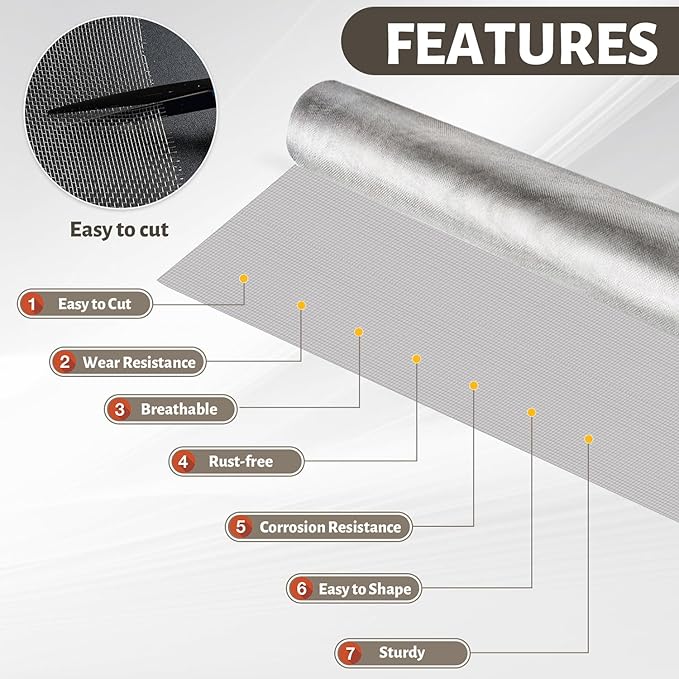 KISKIS 304 Stainless Steel Woven Wire 20 Mesh Air Vent Window Screen,Filter Mesh Roll Metal Screen Fine Mesh, Easy to Cut Sturdy for Door Patio Cover, Cage Garden,100X500CM39X197INCH