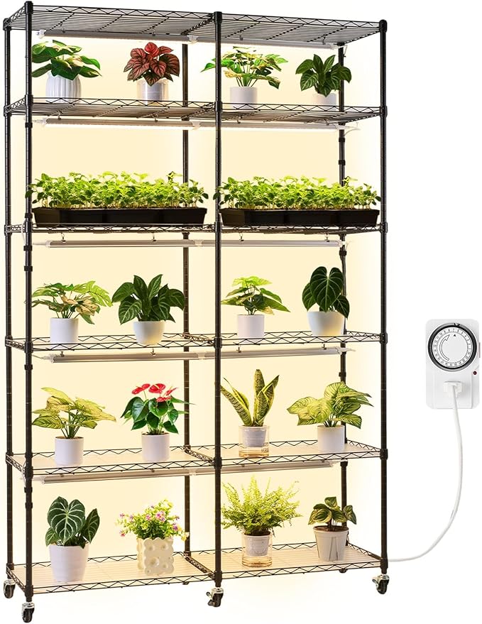 VEVOR Plant Shelf with Grow Light, 6-Tier Double-Row Plant Stand, 71in Tall Indoor Plants Display Rack with Wheels & Timer, 200W Full Spectrum Grow Lights, Metal Flower Pot Holder for Seed Starting