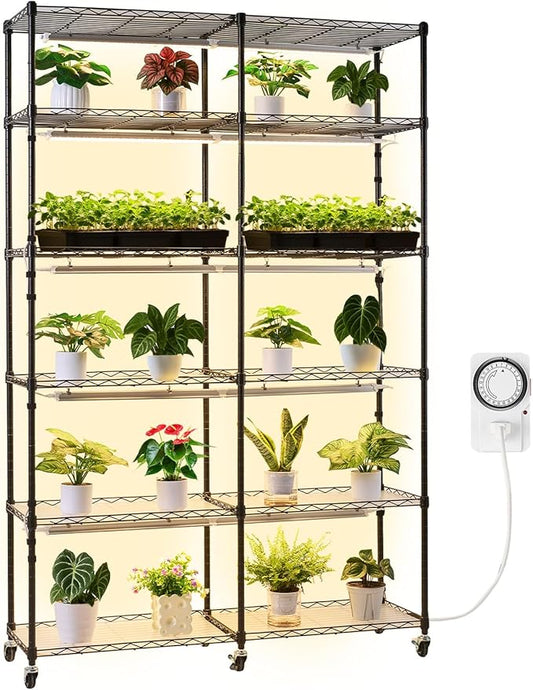 VEVOR Plant Shelf with Grow Light, 6-Tier Double-Row Plant Stand, 71in Tall Indoor Plants Display Rack with Wheels & Timer, 200W Full Spectrum Grow Lights, Metal Flower Pot Holder for Seed Starting