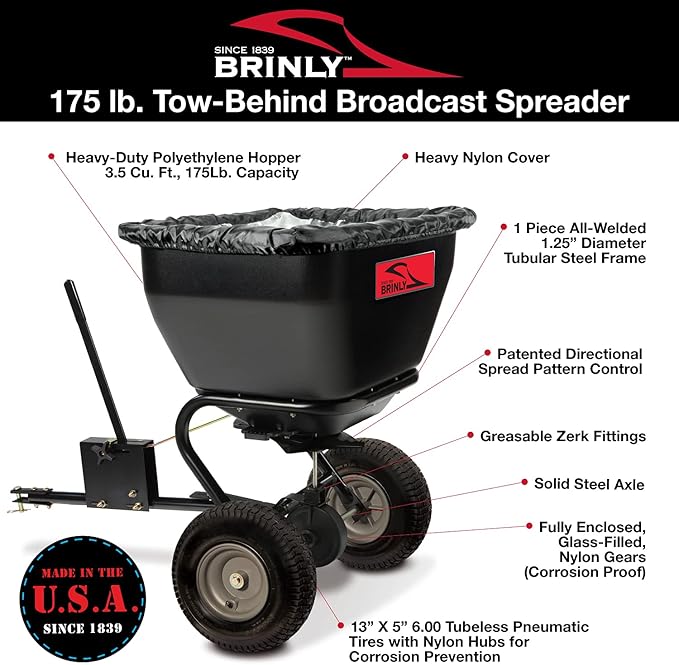 Brinly BS36BH-A Tow Behind Broadcast Spreader with Universal Hitch, 175 lb.+ - Matte Black