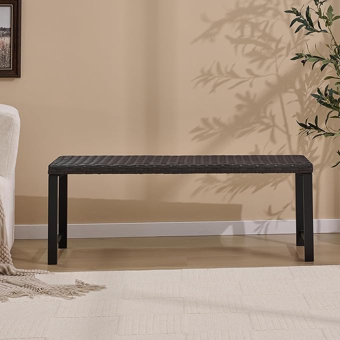 46" Outdoor Rattan Backless Bench, All-Weather Patio Garden Bench for Backyard, Porch, or Lawn, Durable Steel Bench for Outdoor Spaces