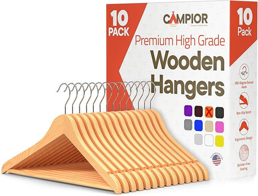 Natural Wooden Hangers 10 Pack – Heavy-Duty with 360° Swivel Hook, Non-Slip, Pants Bar & Shoulder Grooves - Wooden Hangers for Suits, Jackets, Dresses & Camisoles, Space-Saving and Smooth Finish