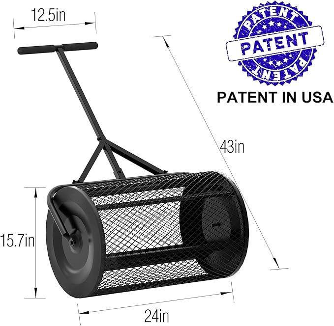 Walensee 24 Inch Compost Spreader Peat Moss Spreader with Upgrade T Shaped Handle for Planting Seeding Durable Lightweight Metal Mesh Spreader for Lawn and Garden Care Manure Spreaders Roller Patented