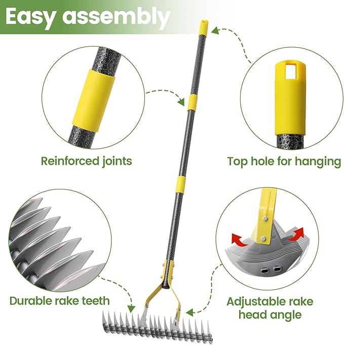 Thatch Rake, 70 inch Heavy Duty Dethatcher Rake Adjustable Dethatching for Loosening Soil Gathering for Leaves Leveling Lawn Farming Land Cleaning Dead Grass Yard Garden