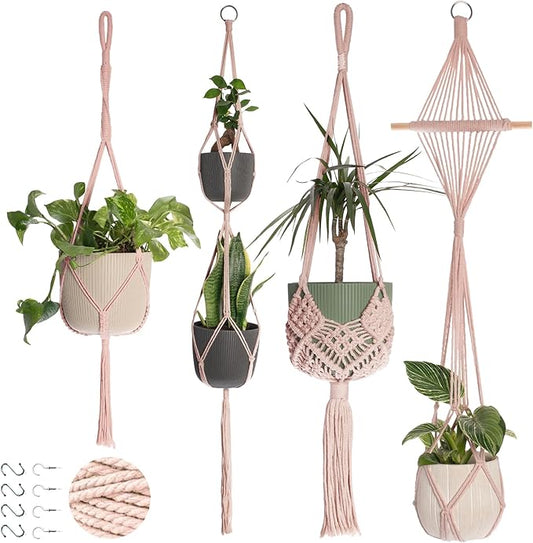 Nook Theory 4-Pack Macrame Plant Hangers with 8 Hooks - Hanging Planters for Indoor Plants, Boho Macrame Hangers Indoor Outdoor, Decorative Plant Hanger Indoor (Pearl)