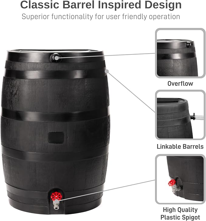 RTS Home Accents 50-Gallon ECO Rain Barrel Made with 100% Recycled Plastic, Flat Back Rain Water Collection Barrel, Black