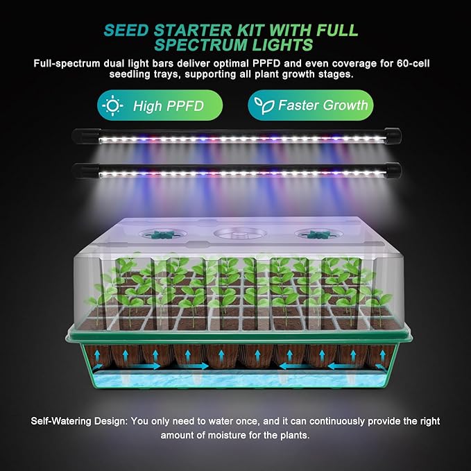 GOOINMILL Self-Watering Seed Starter Tray with Timed Grow Light, 2 Pack 120 Cells Plant Starter Tray Seedling Starter Kit with Humidity Domes Base Indoor Mini Greenhouse Plant Germination Trays