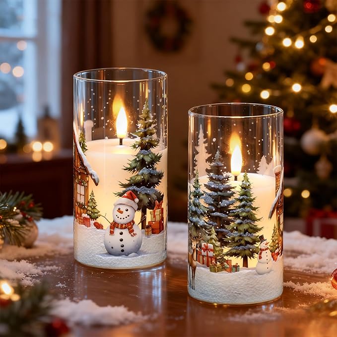GenSwin Christmas Flameless Candles with Remote Timer, Set of 2 Christmas LED Glass Battery Operated Candles with Cedar, Snowman, Reindeer, Snowy House Decals for Holiday Winter Home Decor(D3” x H6”)