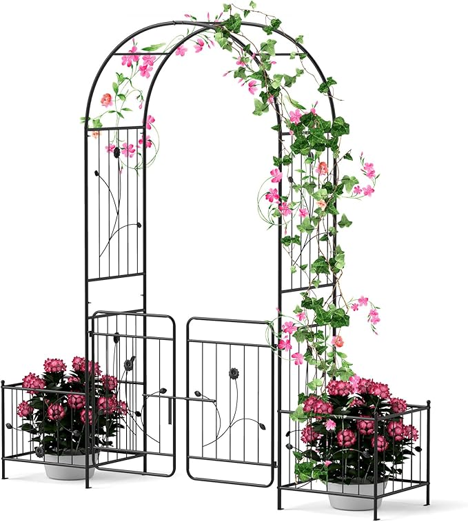 Giantex Garden Arch with Planter - 86 inch Metal Garden Arbor with Gate, Arch Trellis for Climbing Plants Rose, Wedding Archway Pergola for Lawn Patio Bridal Party Decoration