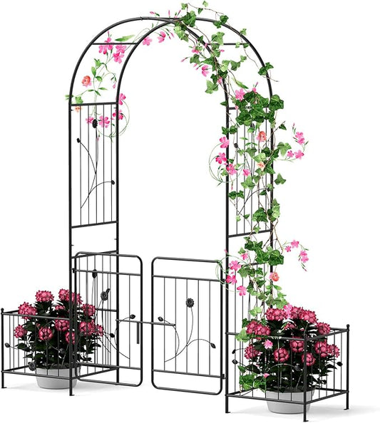 Giantex Garden Arch with Planter - 86 inch Metal Garden Arbor with Gate, Arch Trellis for Climbing Plants Rose, Wedding Archway Pergola for Lawn Patio Bridal Party Decoration