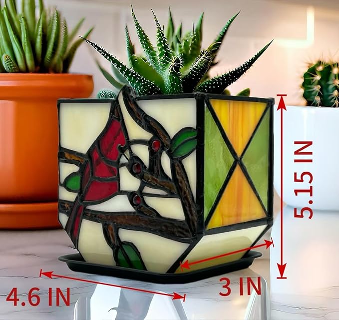 Stained Glass Cardinal Bird Indoor Planter Pot, Decorative Flower Pot with Drainage,Planter Pots for Indoor Plants,Christmas Cardinals Decorations,Cardinal Gifts