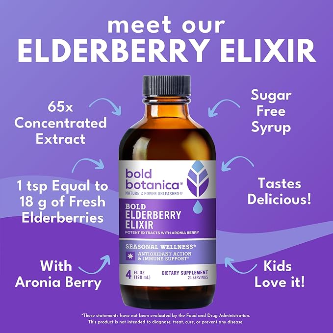 Bold Botanica Elderberry Elixir – 65x Concentrated Extract - Sugar-Free - Kid Friendly - Black Elderberry Syrup with Aronia Berry for Immune Support - 4 Fl. Oz.