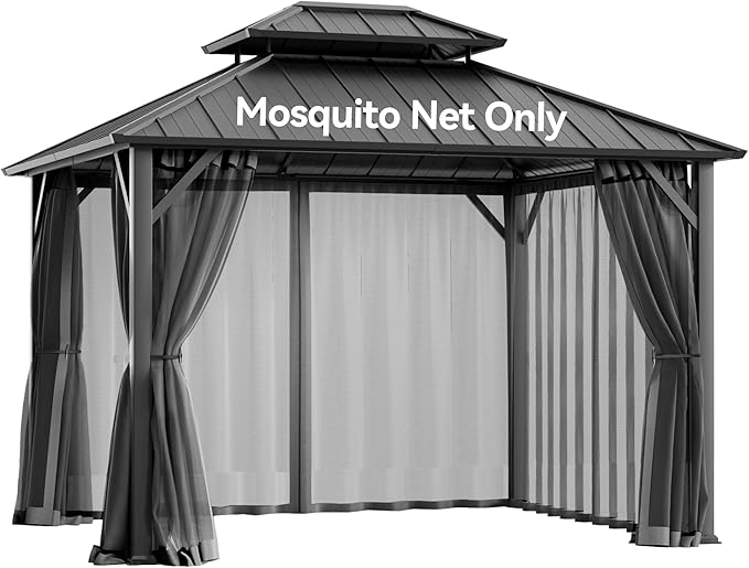 Universal Gazebo Mosquito Netting 10'x10' Replacement, 4-Panel Screen Walls with Double Zipper for Outdoor PatioCanopy Garden Gazebos, Dark Gray and Black
