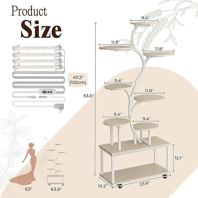 PRAISUN 63.6 Inch Plant Stand with Grow Lights, 9 Tiered Indoor Plant Shelf with Larger Flower Holder, Curved-tubed Design, 3 Light Modes, Movable Wheels, Corner Plant Rack for Living Room, White