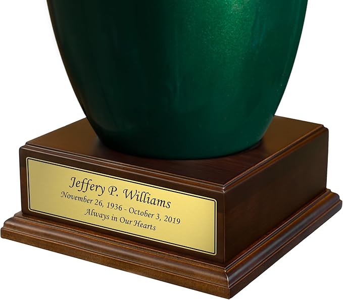 Personalized Cremation Urn Pedestal with Gold Name Plate - Includes Custom Engraving - Polished Walnut Wood Finish